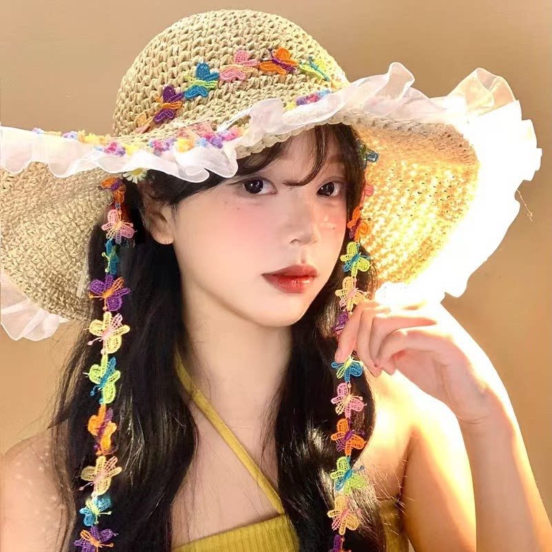草帽新款小花朵蕾丝系带帽子女度假渔夫夏季海边草编防晒遮阳帽子