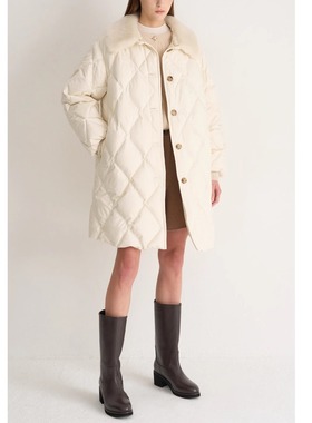 mmjz~韩国MIN~25冬真皮毛一体毛领 可拆卸领宽松菱格鹅绒羽绒服