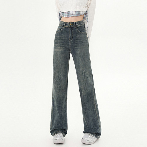 VWYZ水泥灰窄版阔腿弹力牛仔裤女2024秋季新款怀旧色小个子直筒裤