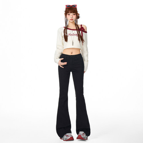 vwyz黑色高腰微喇牛仔裤女2024年新款显瘦腿长拖地喇叭裤马蹄裤子