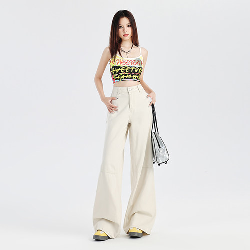 VWYZ春季休闲杏色宽松工装裤女2025年新款高腰显瘦阔腿直筒牛仔裤