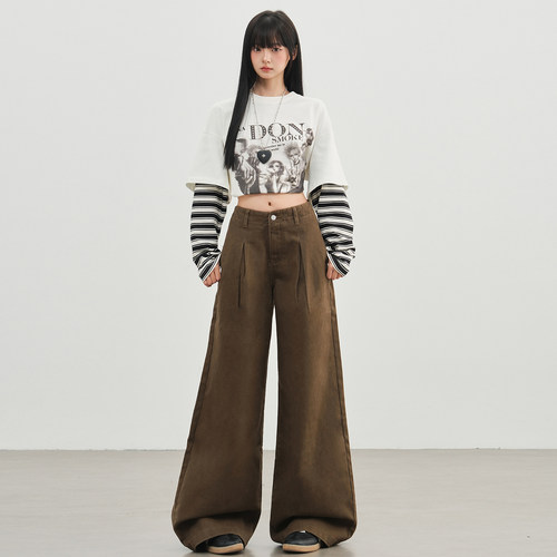 棕咖色高腰褶皱阔腿牛仔裤
