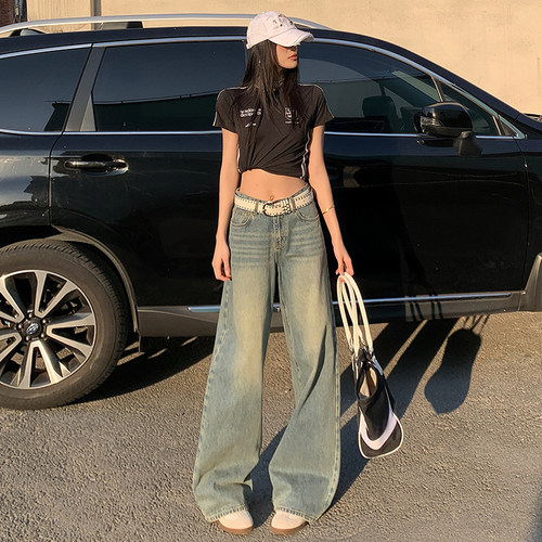 VWYZ美式复古宽松直筒裤好2025年春季垂感阔腿牛仔裤子拖地长裤