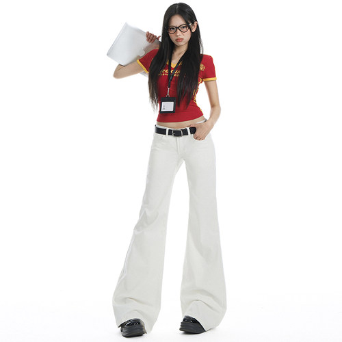 vwyz白色低腰微喇牛仔裤女春季2025年新款辣妹修身弹力直筒喇叭裤