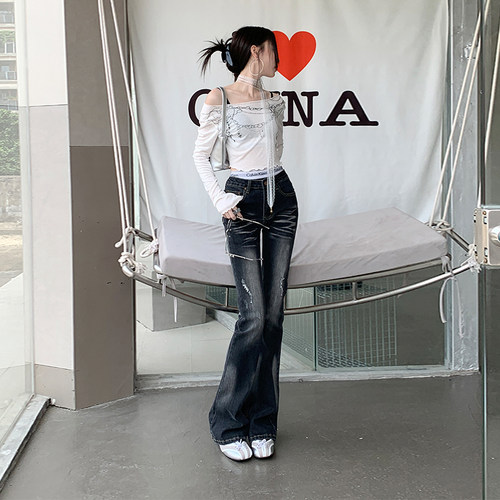 vwyz新款复古高腰喇叭牛仔裤女春季2025年新款显瘦修身微喇马蹄裤