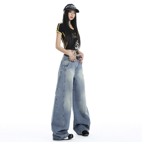 VWYZ美式复古水洗弯刀牛仔裤女2025年春季新款宽松阔腿拖地裤长裤