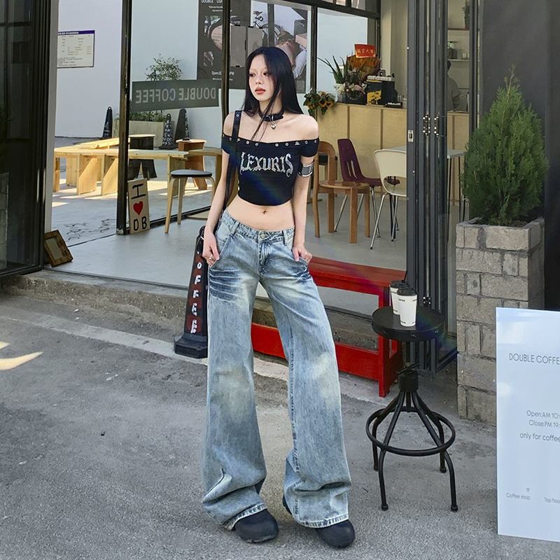 美式复古手缝压皱低腰牛仔裤