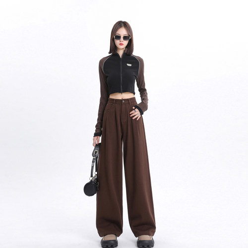 VWYZ冬季西装牛仔裤女2024新款美式复古高腰显瘦阔腿拖地裤休闲裤