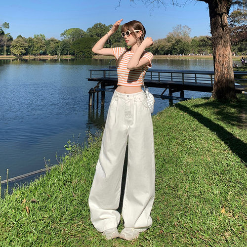 VWYZ美式街头高腰宽松阔腿裤白色百搭垂感直筒牛仔裤女休闲运动裤