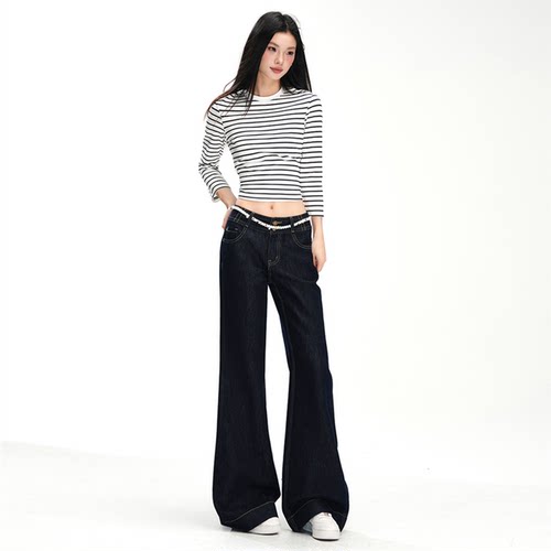 vwyz美式复古丹宁蓝微喇牛仔裤女2025年秋季新款高腰显瘦拖地长裤