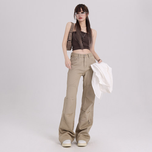 VWYZ卡其色窄版阔腿裤女2024新款显瘦高腰休闲裤纯棉宽松直筒裤