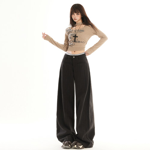 美式深灰色条纹阔腿牛仔裤