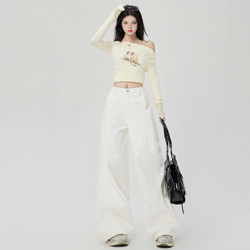 vwyz2025年新款白色高腰阔腿牛仔裤女春秋休闲百搭宽松垂感直筒裤