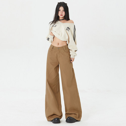 VWYZ小众高级感拿铁棕纯色宽松阔腿裤女秋冬中腰拖地裤牛仔裤长裤