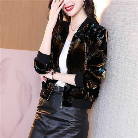 加绒金丝绒外套女2024年新款印花短款上衣复古港味长袖夹克棒球服