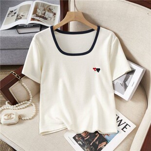 新款 T恤女2026年夏季 洋气设计感方领上衣潮 宽松休闲百搭短袖 大码