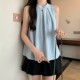 挂脖衬衫 辣妹背心时尚 女装 新款 设计感别致蓝色上衣潮 夏季 韩系无袖