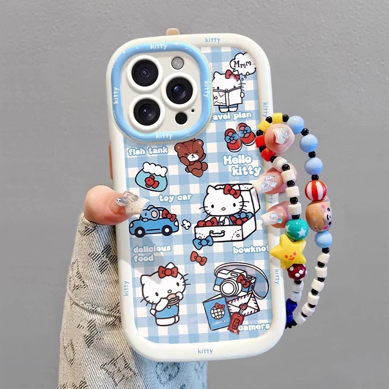 格纹凯蒂猫适用苹果16promax手机壳女新款iPhone15/14plus手链8/7硅胶13Pro/12mini全包x/xsmax软11pro保护套