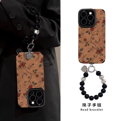 咖纹玫瑰适用小米17promax/15/14手机壳13新女款Civi5Pro红米K90/80ultra手链K70全包贴皮note15/14Pro保护套