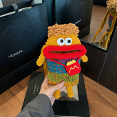 毛线钩织香肠嘴手机包成品手工编织丑萌可爱斜挎包女包儿童零钱包