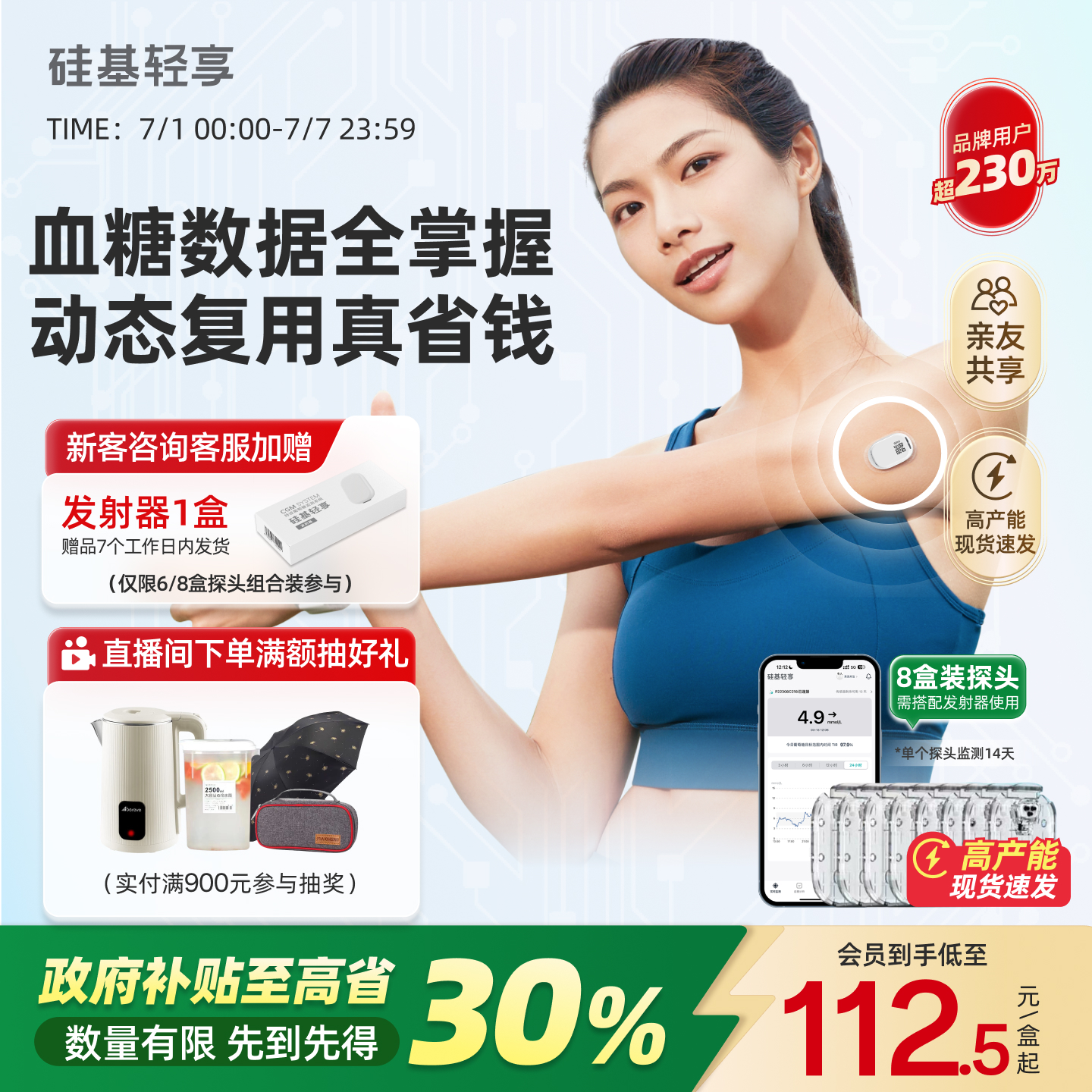 政府补贴30%硅基轻享动态血糖仪免扎手指监测家用测试 老客复购装