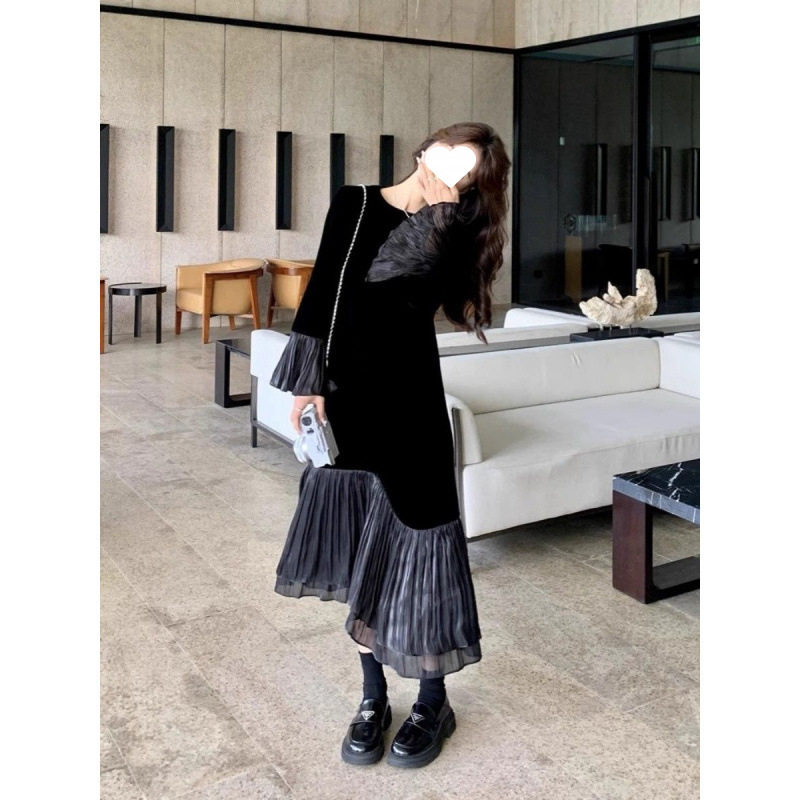 法国chrry koop金丝绒连衣裙女秋新款圆领套头收腰显瘦拼接网纱