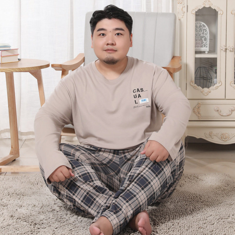 日系cherrykoko男士睡衣春秋季棉长袖圆领加肥加大胖子肥佬中青年