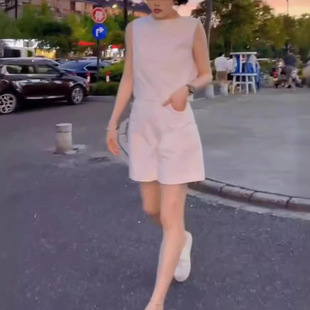 上衣高腰直筒短裤 高级感无袖 两件套 新款 日本moleubak夏季