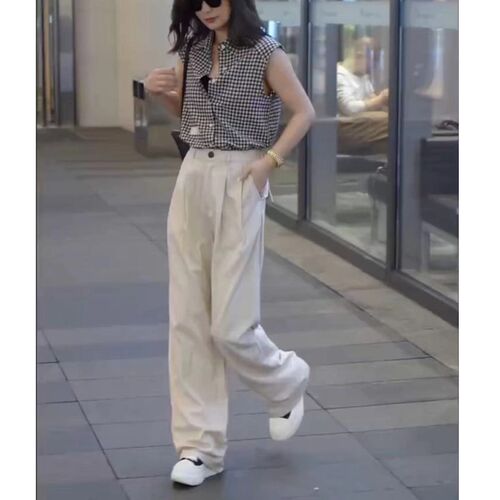 法国cherrykoko夏季新款洋气无袖格衬衫高腰休闲直筒长裤女