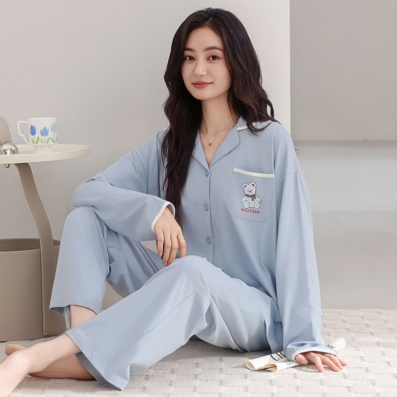 日系cherrykoko秋冬睡衣女款棉长袖可外穿开衫翻领简约新款全棉