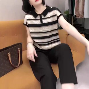 新款 女装 翻领减龄条纹打底衫 九分裤 时尚 日本moleubak夏季