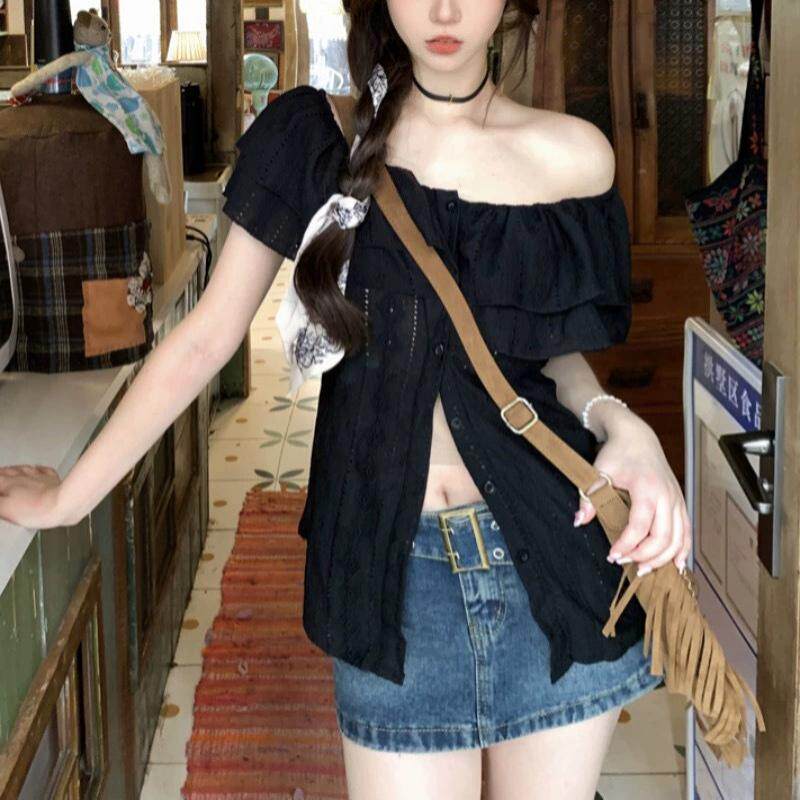 大码一字肩短袖衬衫女2026新款夏季胖MM收腰显瘦甜辣风露肩衬衣女
