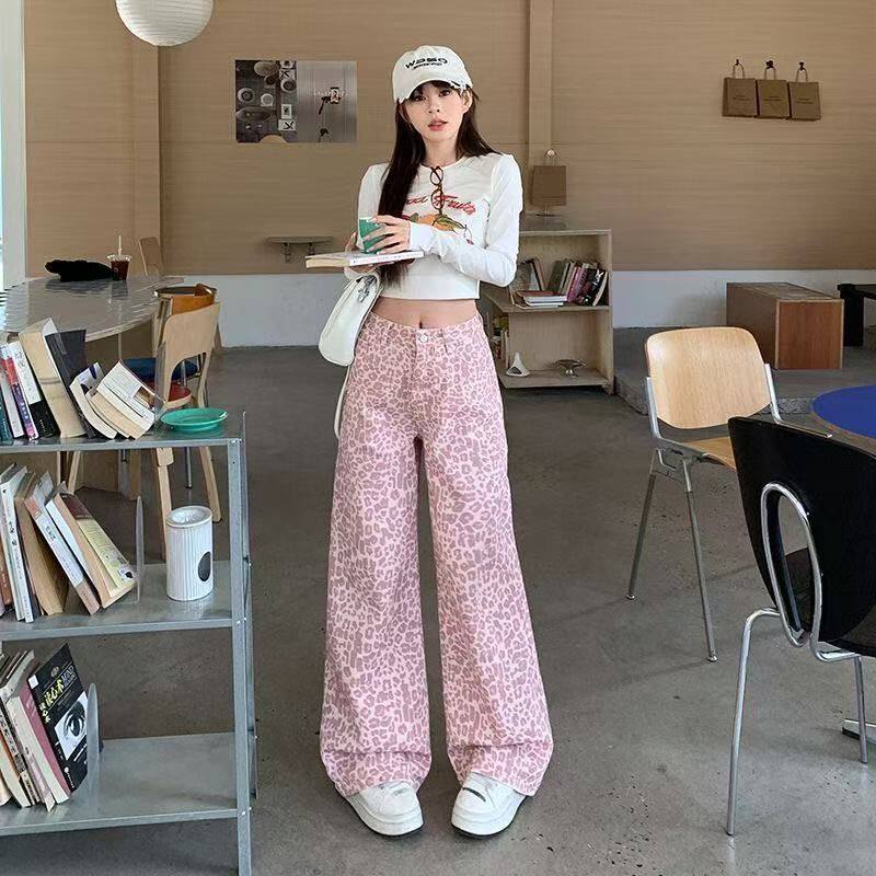 野性风美式辣妹豹纹直筒牛仔裤子女水洗磨白宽松显瘦休闲阔腿裤子