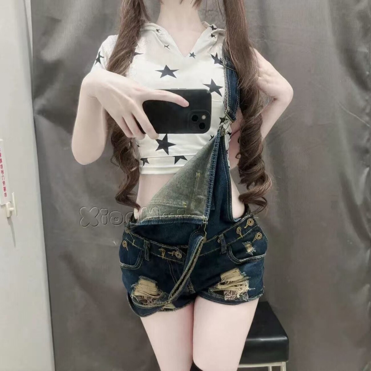 小个子美式复古破洞牛仔背带裤女夏季新款高腰显瘦直筒阔腿短裤子