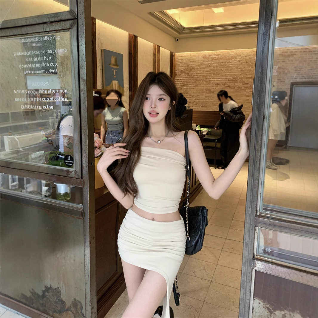 小个子辣妹套装女夏季无袖抹胸背心上衣女不规则包臀半身裙两件套