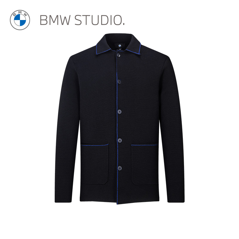 BMW Studio宝马男装秋冬季毛衣时尚撞色缝线设计感翻领开衫毛衣男