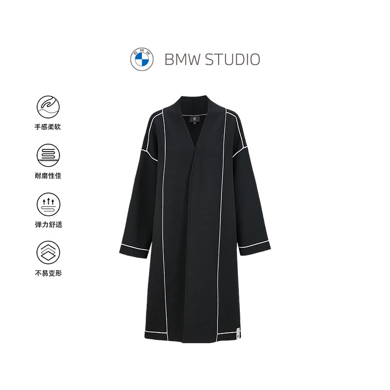 BMW STUDIO宝马女装春季羊毛通勤简约撞色缝线长款针织开衫毛衣女