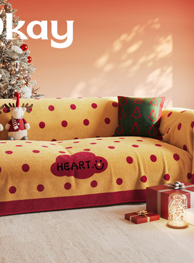 圣诞卡通波点沙发盖布装饰布置秋冬季牛奶绒韩系复古红色盖巾毯子
