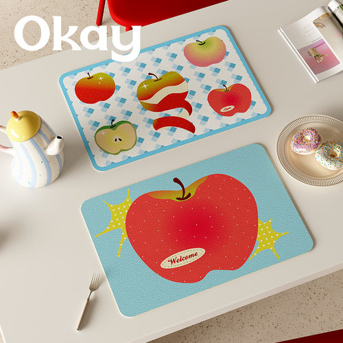 OKAY清新苹果皮革餐垫防水防油 pvc可擦免洗鼠标垫杯垫碗垫隔热垫