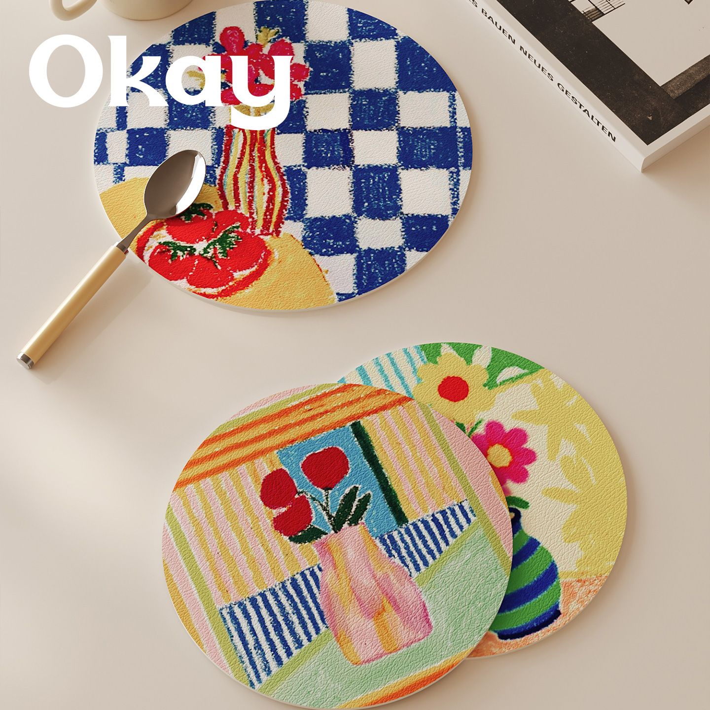 OKAY涂鸦哈林隔热垫杯垫皮革餐碗垫桌垫厨房垫防滑吸水防烫圆垫