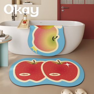 okay清新苹果浴室吸水地垫简约百搭厕所门口脚垫卫生间门垫防滑垫