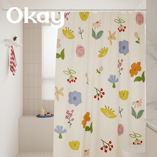 okay花之简形浴帘韩系防水卫生间隔断挂帘多巴胺淋浴间免打孔门帘