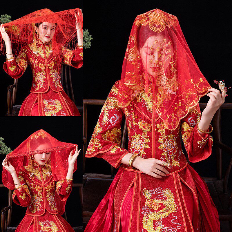 新娘头纱高级红盖头出嫁结婚中式婚礼半透明纱秀禾服蒙头红色头巾