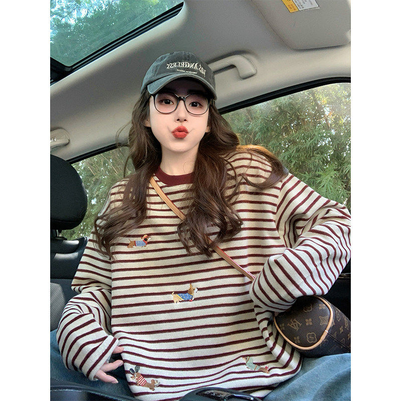 红色条纹长袖t恤女2025新款春秋内搭慵懒风宽松内里磨毛加厚上衣