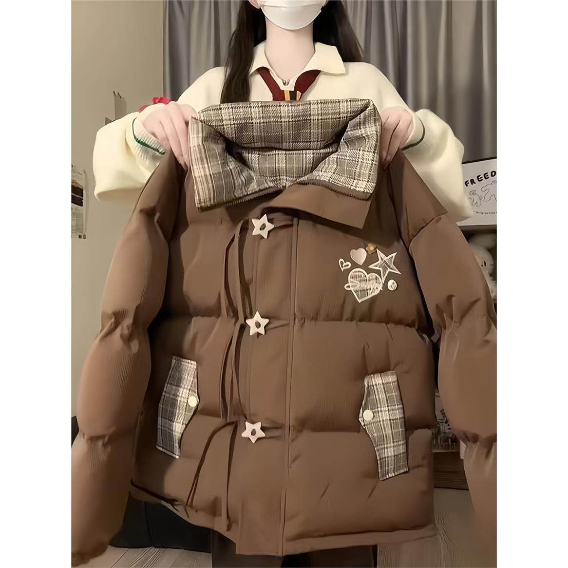 美式拼接星星字母刺绣咖色棉服女冬季新款百搭宽松加厚面包服外套,个性定制/设计服务/DIY,棉服工装,淘宝优惠券,粉丝福利购,淘宝优惠卷