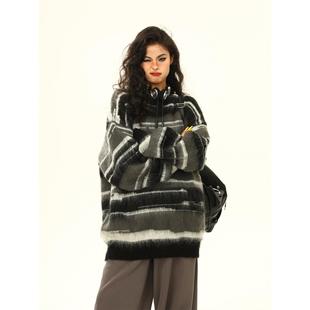 野生阿子美式覆古马海毛条纹毛衣女春秋慵懒氛围感情侣针织衫上衣