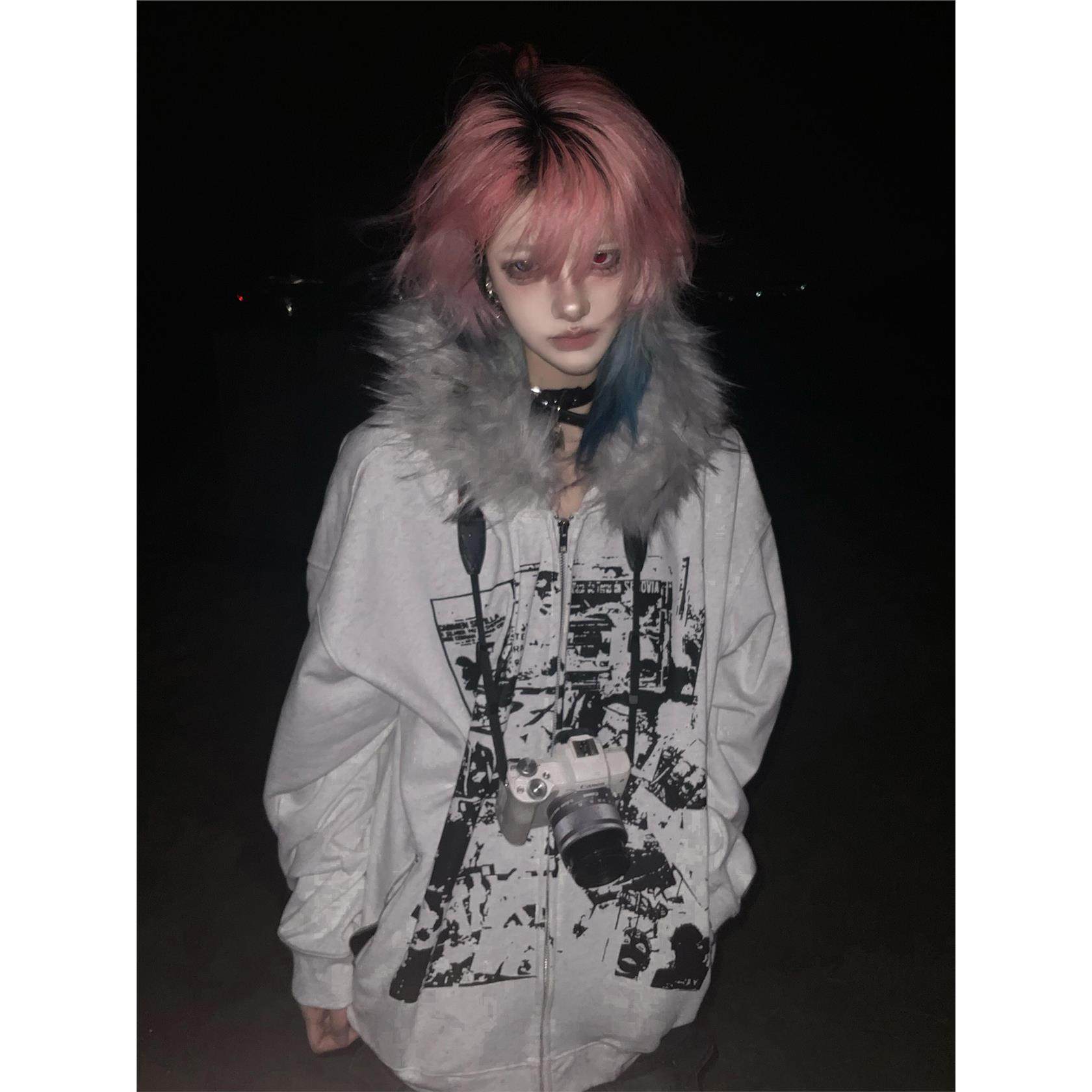 y2k亚文化毛领外套女秋冬新款加绒连帽卫衣开衫视觉系上衣vintage,个性定制/设计服务/DIY,棉服工装,淘宝优惠券,粉丝福利购,淘宝优惠卷