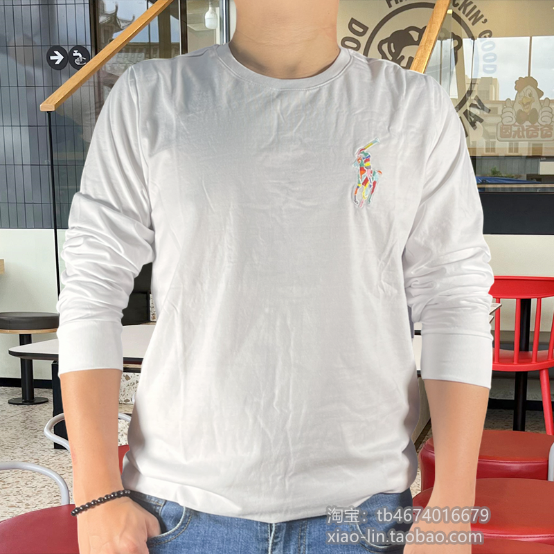 清仓美国男款修身长袖白色柔软百搭打底衫马标纯棉圆领保罗T恤薄