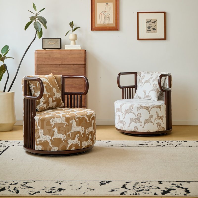 实木可旋转皮沙发椅子客厅阳台卧室酒店家用老榆木沙发椅子新中式