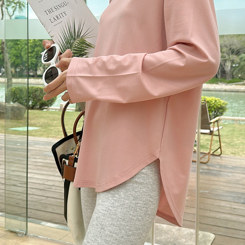中长款宽松打底衫女内搭洋气设计感时尚弧形冰丝长袖上衣配鲨鱼裤